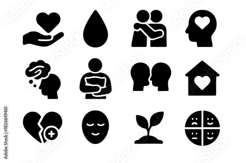 Emotional Care Icons. Emotional care. Solid icon set of Emotional care: heart in hand, tear drop, supportive hug, empathy icon, comforting thought, holding