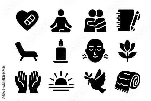 Emotional Healing Icons. Emotional healing. Solid icon set of Emotional healing: heart with bandage, meditation figure, supportive hug, journal and pen,