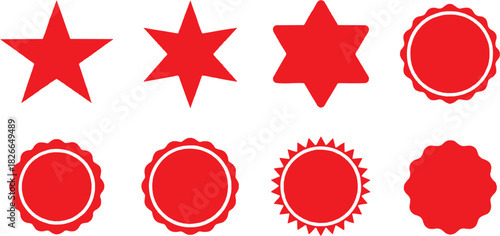 Red stars and sun symbol icon set. Vector glyph pictograms of stars, sun shapes, cosmic design, and decorative silhouettes