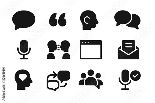 Ethical Communication Icons. Ethical communication. Solid icon set of Ethical communication: speech bubble, quote mark, listening icon, dialogue box, open mic,