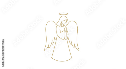 Elegant minimalist angel silhouette with golden halo on white background