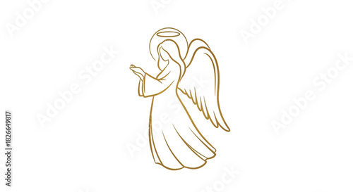 Elegant minimalist angel silhouette with golden halo on white background