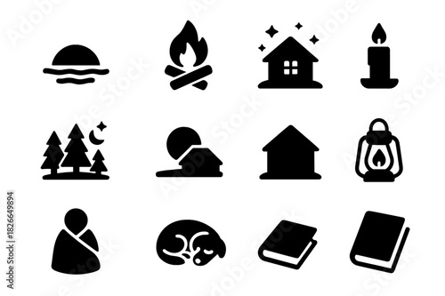 Evening Cabin Icons. Evening at cabin. Solid icon set of Evening at cabin: sunset sky, fire pit, glowing window, starry night, candle, night forest, moonrise,