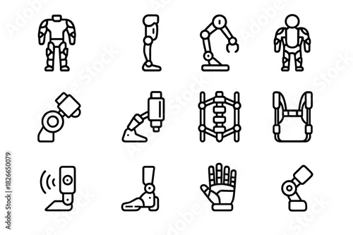 Exoskeleton Icon Set. Exoskeleton Tech. Line icon set of Exoskeleton Tech: powered suit, mechanical leg, robotic arm, exosuit, servo joint, hydraulic actuator,