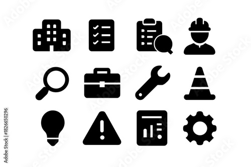 Facility Inspection Icons. Facility inspection. Solid icon set of facility inspection: building, checklist, clipboard, inspector, magnifier, toolbox, wrench,