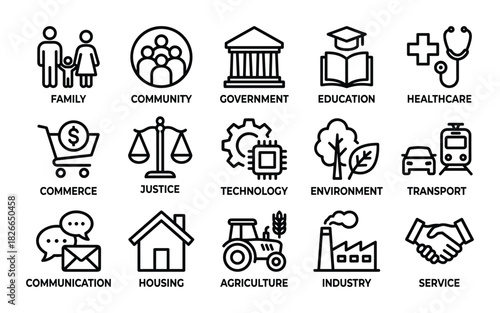 Set of government education healthcare commerce justice technology environment transport communication housing agriculture industry service black line vector icons