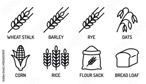 Set of grain and bread icons including wheat stalk barley rye oats corn rice flour sack and bread loaf