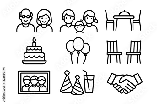Family Reunion Icons. Family Reunion Set. Line icon set of Family Reunion Set: grandparents, parents, children, dining table, cake, balloons, gift box, chairs,