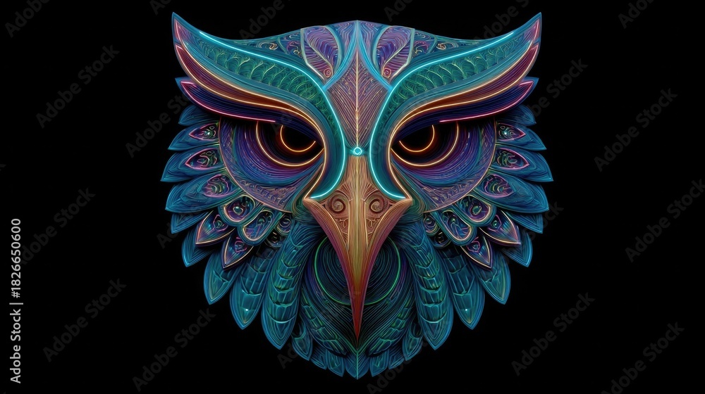 Naklejka premium Neon bird tribal mask glowing with intricate electric neon lines, stylized wildlife mask illustration, modern glowing tribal art for digital design projects