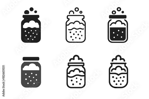 Fermentation Icons Collection. Fermentation process. Icon set. Set Logo of Fermentation process: Jar with yeast foam. harmonious logo variations of the same