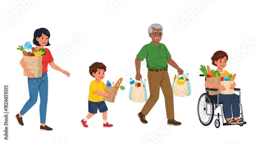 Family Grocery Shopping Trip Diverse Group Carrying Shopping Bags with Groceries