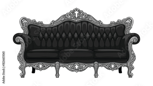 Elegant black leather sofa with ornate silver detailing for sophisticated interior design projects and luxury home decor inspiration