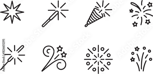 Fireworks party popper celebration icon set. Vector glyph pictograms of fireworks, party popper, holiday, festival, and joy silhouettes