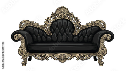 Opulent black leather sofa with ornate gold trim, perfect for adding a touch of luxury and elegance to your design projects today