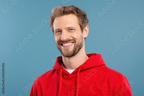 Portrait of a smiling blonde man in red hoodie against blue background, studio shot with space for text. Friendly casual male presenting approachable vibe, ideal for designs needing copy space.