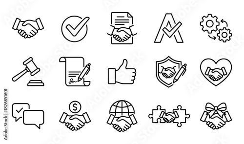 Set of outline icons representing agreement, partnership, and business collaboration with handshake elements