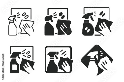 Fingerprint Removal Icons. Wiping fingerprints off glass. Icon set. Set Logo of wiping fingerprints off glass: spray bottle and rag next to transparent pane.