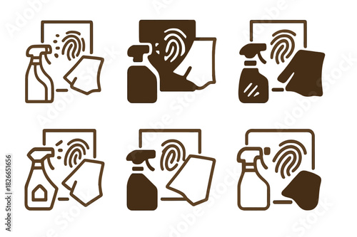 Fingerprint Removal Icons. Wiping fingerprints off glass. Icon set. Set Logo of wiping fingerprints off glass: spray bottle and rag next to transparent pane.