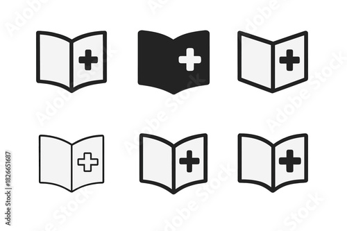 First Aid Logo Set. First aid training courses. Icon set. Set Logo of first aid: instructional guidebook. harmonious logo variations of the same emblematic