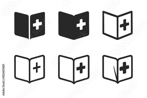 First Aid Logo Set. First aid training courses. Icon set. Set Logo of first aid: instructional guidebook. harmonious logo variations of the same emblematic