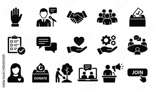 Set of political and social icons with vote box, clipboard, chat bubbles, and donation box