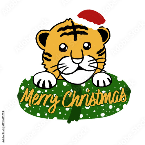 Christmas Tiger Illustration – Cute Santa Tiger with Snowy Gift Tag