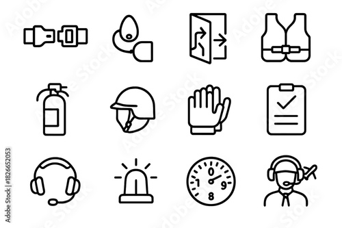 Flight Safety Icons. Flight Safety. Line icon set of Flight Safety: seatbelt, oxygen mask, emergency exit, life vest, fire extinguisher, helmet, gloves,