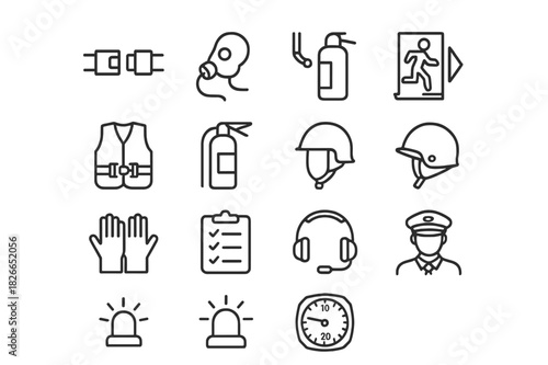 Flight Safety Icons. Flight Safety. Line icon set of Flight Safety: seatbelt, oxygen mask, emergency exit, life vest, fire extinguisher, helmet, gloves,