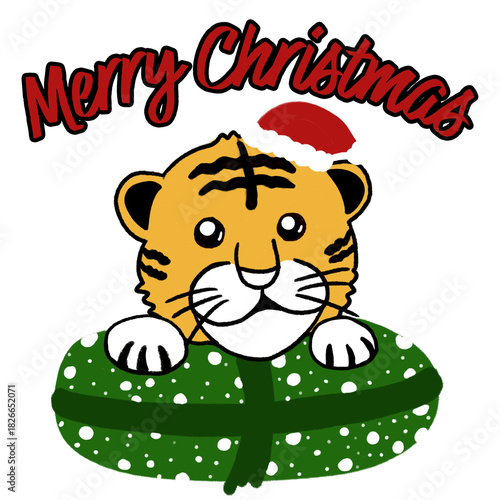 Christmas Tiger Illustration – Cute Santa Tiger with Snowy Gift Tag