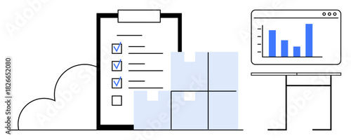 Clipboard with marked checklist, stacked boxes, and computer screen showing analytics. Ideal for logistics, inventory, supply chain, organization, data tracking, efficiency workflow simple flat