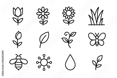 Floral Meadow Icons. Floral meadow. Line icon set of floral meadow: tulip, daisy, sunflower, grass, bud, leaf, vine, butterfly, bee, pollen, raindrop, stem.