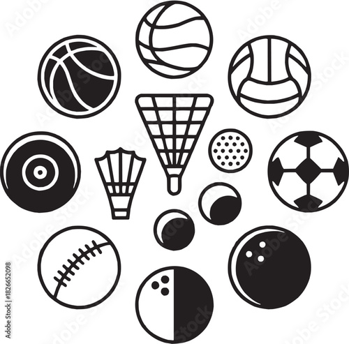 Basketball volleyball tennis soccer icon set. Vector glyph pictograms of basketball, volleyball, tennis, soccer balls, athletic activity, and sports silhouettes