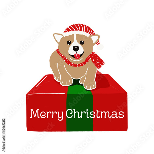 Christmas Puppy Illustration – Cute Santa Dog on Gift Box