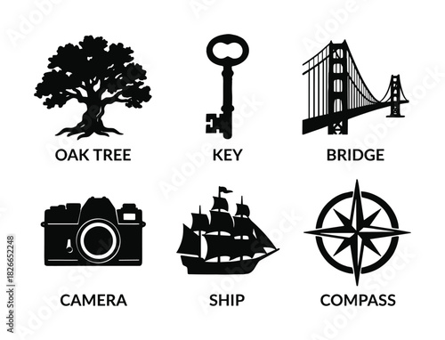 Set of six black and white simple vector icons including oak tree key bridge camera ship and compass