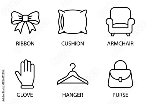 Set of six line vector icons including ribbon cushion armchair glove hanger and purse