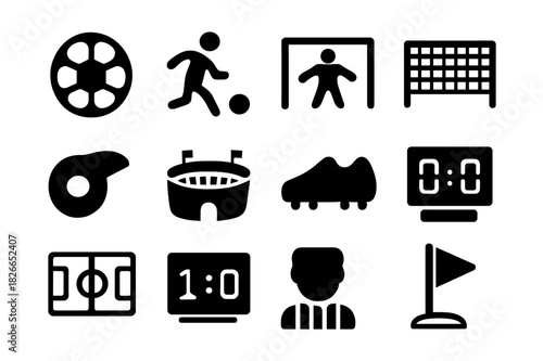 Football Icons Grid. Football Penalty. Solid icon set of soccer ball, player kicking, goal, goalkeeper, net, whistle, stadium, cleats, referee, scoreboard,