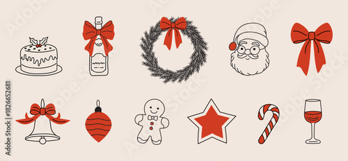 Merry Christmas and New Year, vintage hand-drawn icons.Retro doodle sketch icons add charm to winter celebrations, ideal for festive posters, creative invites, and seasonal designs.Vector ink elements