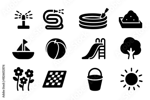 Garden Fun Icons. Garden fun. Solid icon set of Garden fun: sprinkler, hose, small pool, sandbox, toy boat, ball, slide, tree, flowers, picnic blanket, toy
