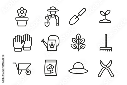 Gardening Icon Set. Planting Flowers. Line icon set of Planting Flowers: flower pot, gardener with shovel, trowel, sprouting plant, gloves, watering can,