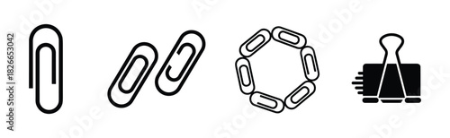 Set of various paperclip icons including a single clip, a pair, a circular arrangement, and a binder clip
