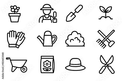 Gardening Icon Set. Planting Flowers. Line icon set of Planting Flowers: flower pot, gardener with shovel, trowel, sprouting plant, gloves, watering can,