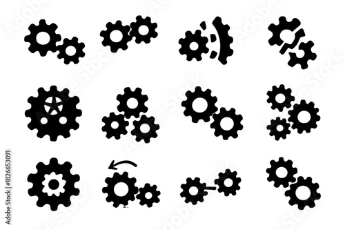 Gear Icons Set. Gear combinations. Solid icon set of Gear combinations: small gear meshing, large gear meshing, compound gear, bevel interaction, planetary