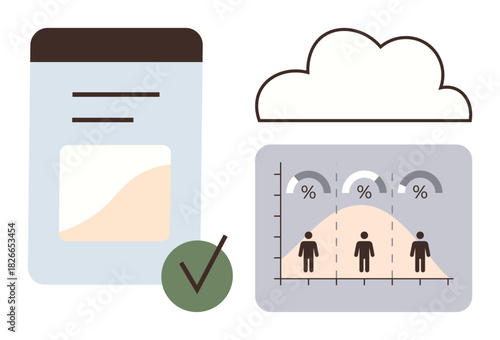 Document, cloud, check mark, and statistical graph with human figures illustrating analytics. Ideal for data management, cloud computing, performance tracking, report generation, business strategy