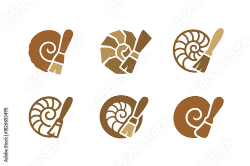 Geologist Logo Variations. Geologist. Icon set. Set Logo of geologist: fossil and brush icon. harmonious logo variations of the same emblematic concept, each