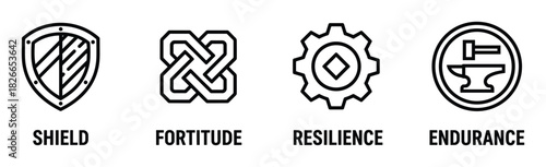 Shield fortitude resilience endurance outline icons representing strength and steadfastness