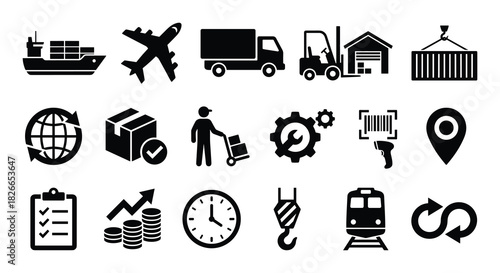 Shipping and delivery solid icons set, global logistics and transportation services