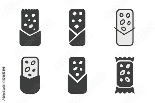 Granola Bar Logos. Granola bars. Icon set. Set Logo of granola bars: energy snack bar icon. harmonious logo variations of the same emblematic concept, each