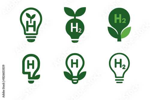 Green Innovation Logos. Green innovation. Icon set. Set Logo of green innovation: Hydrogen energy cell. harmonious logo variations of the same emblematic