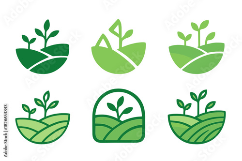 Grassland Rehabilitation Logos. Grassland rehabilitation. Icon set. Set Logo of grassland rehabilitation: Rolling hills with new growth. harmonious logo