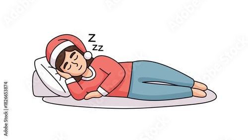Illustration of a person sleeping peacefully on a pillow wearing a Santa hat